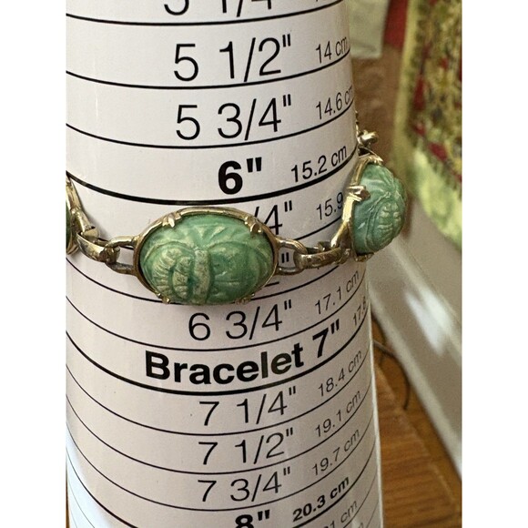 Vintage Bracelet Lucite Green Swirl Scarab Beetles Egyptian Gold Tone 6.75-7.75” - Picture 5 of 6